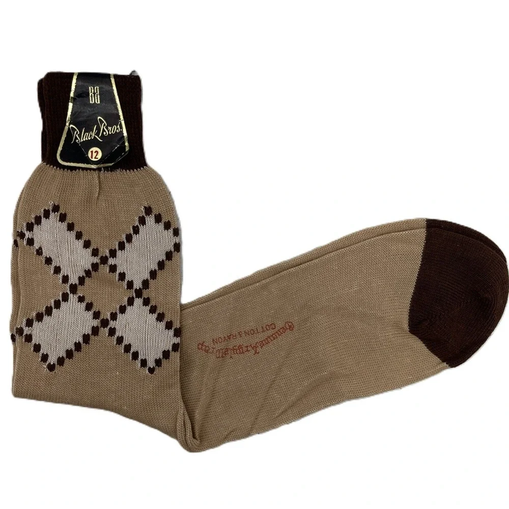 Mens Brown Socks Crew Argyle Diamond Cotton Rayon Casual Sock Sz 12 - Black Bros